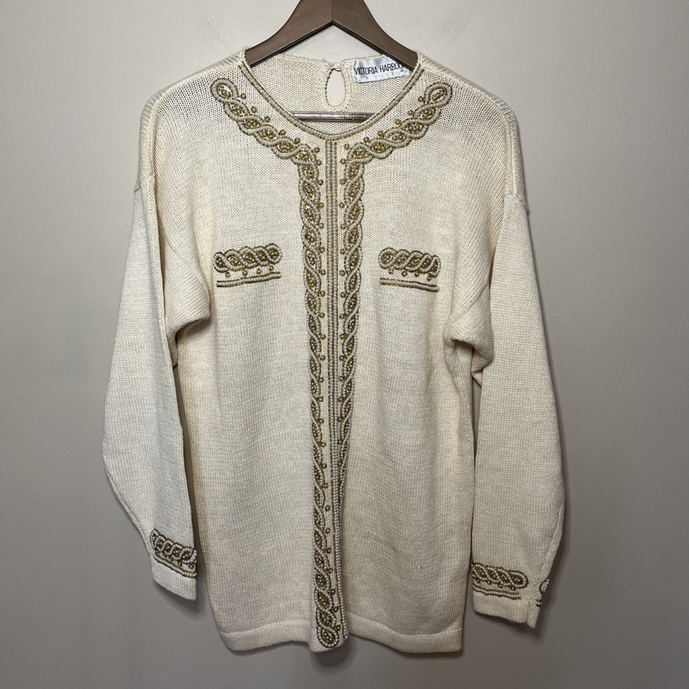 Victoria Harbour Vintage 80s Cream Pearl‎ Embroidery Trim Sweater Large